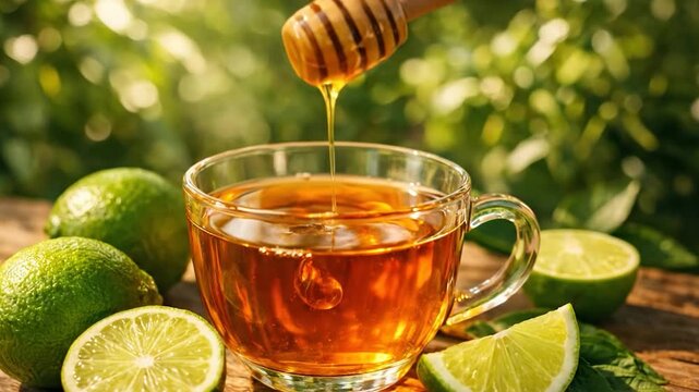 Freshly poured honey into tea with lime slices in bright garden setting
