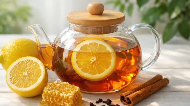 Glass teapot with lemon slices and herbal infusion on bright clean background