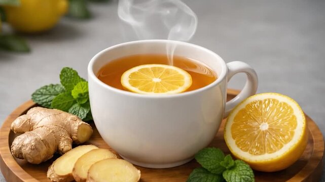 Warm lemon ginger tea with honey steaming in cozy rustic kitchen setting