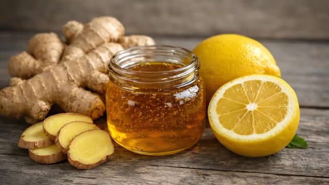 Natural honey jar with lemon and ginger ingredients for healthy tea preparation