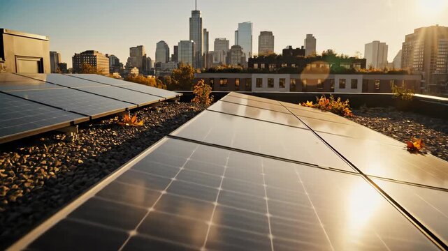Autumn. A closeup of a group of rooftop solar panels demonstrating a solution to incorporate renewable energy sources into urban planning to reduce carbon dioxide emissions.