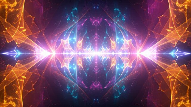 Cosmic light rays forming a symmetrical fractal pattern, creating a dimensional portal effect.