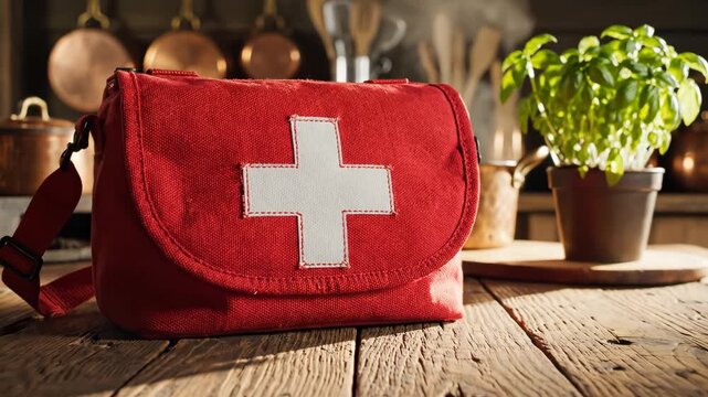 Red first aid kit on wooden table for commercial backgrounds, digital design, and advertising