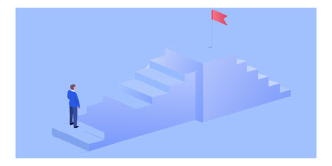 A man stands at the base of a staircase reaching for a flag © Bebdas