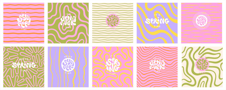 Deformed uneven organic lines wavy stripes vector funky groovy maze square backgrounds set. Hello SUMMER SPRING hand lettering. Doodle patterns collection. Uneven hand drawn twisted curved lines waves