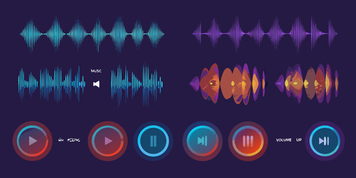 Colorful sound waves music equalizer and audio control interface elements