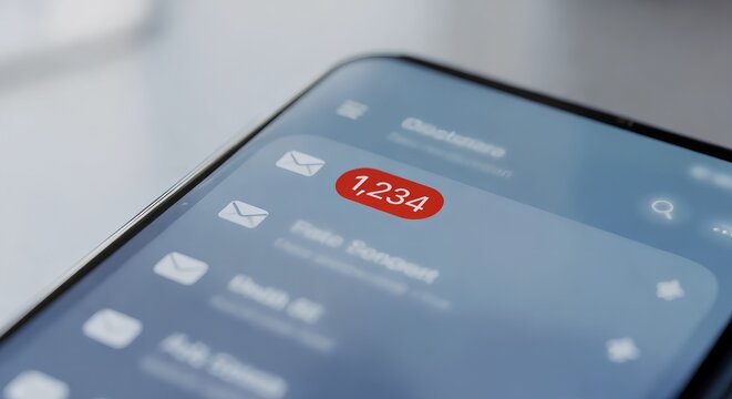 Smartphone screen showing a crowded email inbox with hundreds of unread messages and notification badges, representing digital stress and information overload