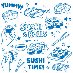 Sushi rolls doodle set with nigiri maki chopsticks and eating hands illustration  © Irina 