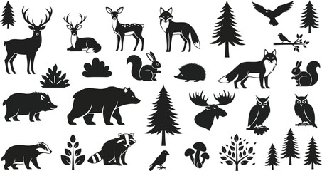 Fototapeta premium Black silhouettes of forest animals and trees on white background