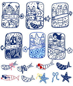 Whimsical Coastal Sardien Mediterranean Style Cute Hand Drawn Sardine Tin Can Illustration