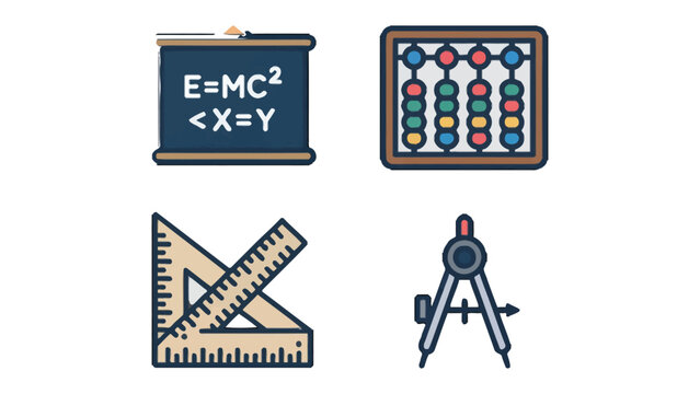 Math Tools and Formulas: Illustrative icons of essential mathematical instruments and equations, representing learning, measurement, and the core principles of mathematics.
