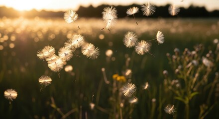 Fototapeta premium Delicate Dandelion Seeds Floating in a Sunlit Meadow at Dusk