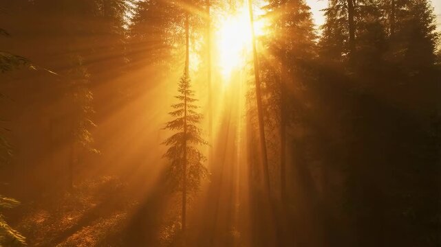 Sunrise cinematic in forest with light rays piercing through trees and fog featuring golden hour, dawn, morning with nature and landscape elements