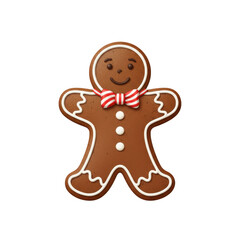 Obraz premium Gingerbread man cookie with red and white bow tie isolated on a transparent background