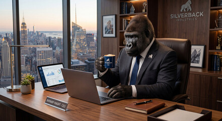 Fototapeta na wymiar Gorilla CEO in luxury office drinking coffee with city view representing leadership success and corporate lifestyle