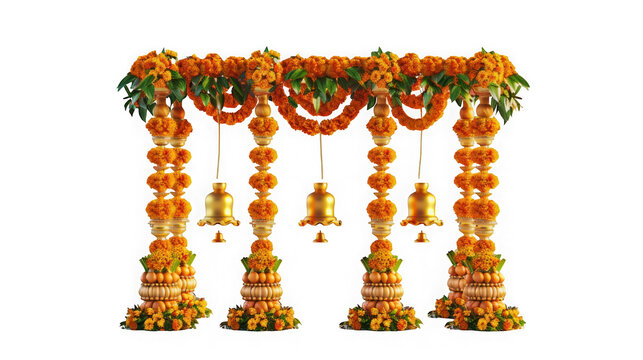 Indian marigold flower wedding entrance archway with brass bells as cut isolated on transparent background