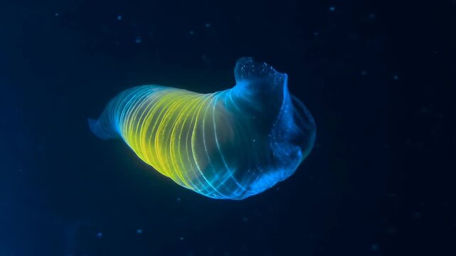 Worm translucent aquatic with glowing blue body and eye underwater featuring ocean, deep sea, creature with marine life and animal elements for