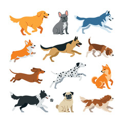 Naklejka premium Active Dogs Running Jumping Playing Action Set