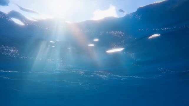 Water surface with sunlight rays penetrating the ocean depths, creating a cinematic underwater scene with shimmering light effects and gentle waves.