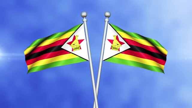 Zimbabwe Crossed Flags Waving in Blue Sky Loop