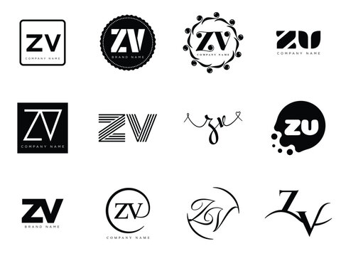 ZV logo company template. Letter z and v logotype. Set different classic serif lettering and modern bold text with design elements. Initial font typography.