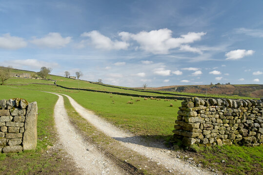 Fields and stone walls above Grassington in Wharfedale in the Yorkshire Dales National Park
