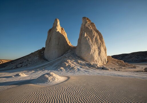 Twin Chalk Mountains in Desert Landscape at Sunset with Sand Ripples