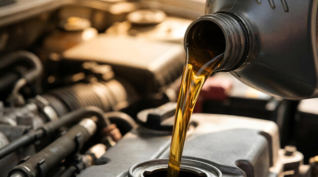 Motor oil pouring into car engine for vehicle maintenance and professional auto repair service concept.