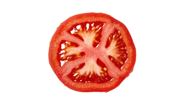 Fresh red tomato slice with juicy pulp and seeds, isolated on transparent background