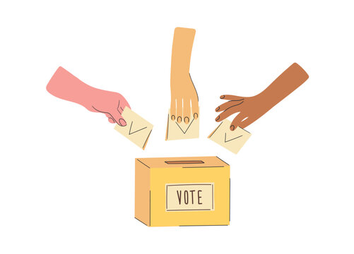 Diverse Hands Dropping Ballots in Voting Box