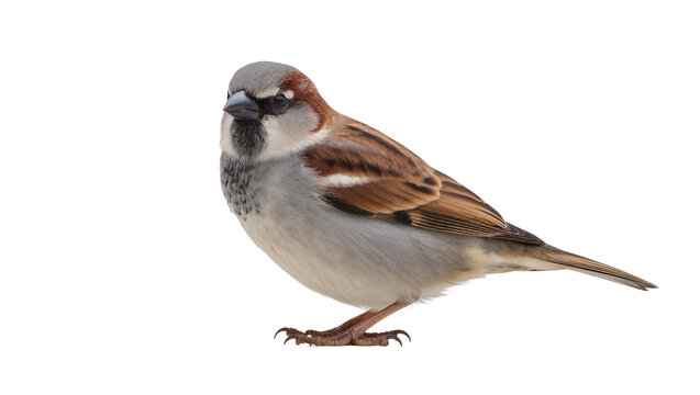 Male house sparrow with brown and grey plumage, isolated on transparent background