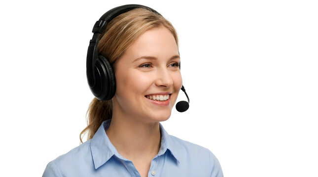 Female customer service agent wearing headset for business support concept on white background.