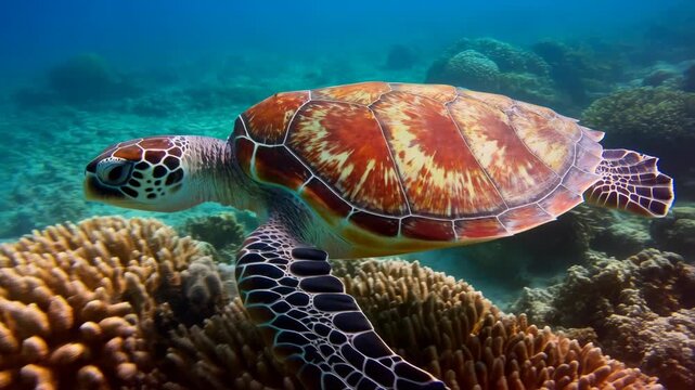 Turtle sea swimming near coral reef with ocean debris floating nearby underwater featuring marine life, pollution, plastic bag with marine pollution