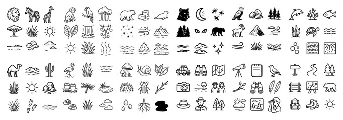 Naklejka premium Nature icons with zebra giraffe monkey outline