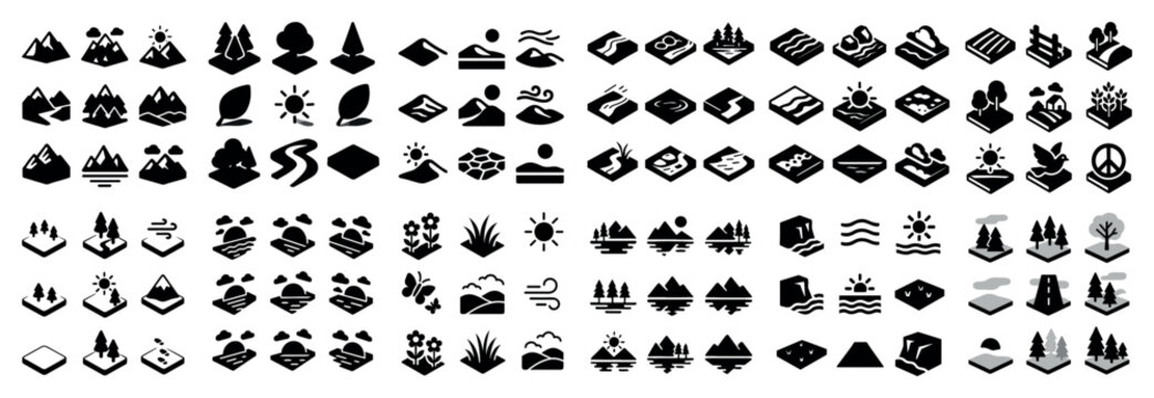 Landscape icons with mountain lake and trees bold