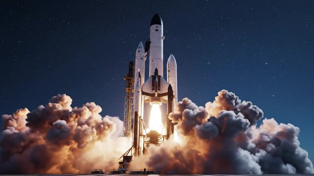 Space rocket launch at night for tech concepts, digital marketing, and futuristic projects