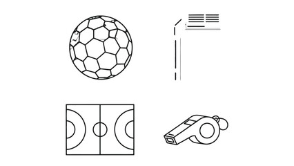 Sporting Symbols in Monochrome: A collection of sports illustrations, featuring a soccer ball, corner flag, court, and whistle in a clean monochrome design. © AJM