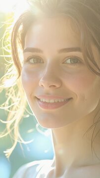 Woman smiling brightly in soft natural sunlight with bokeh background