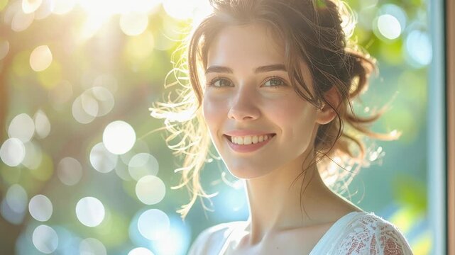 Woman smiling brightly in soft natural sunlight with bokeh background