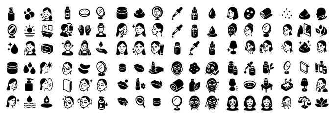 Fototapeta premium Skincare icons with mirror bottle and face outline