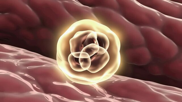 Cancer Cell Growth, inside human tissue, one abnormal cell glowing slightly, cell starts dividing into two, then four, cells growing into irregular mass