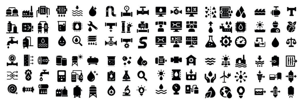 Water industry icons with pipe droplet pump minimal