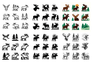 Fototapeta premium Wilderness icons with moose antler tree silhouette