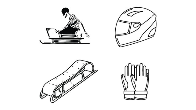 Winter Sport Gear: Minimalist line drawing of winter sport gear, including a bobsleigh racer, helmet, sled, and gloves, captures the thrill of speed and precision in a wintry setting.