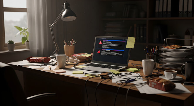 Messy Home Office Workspace with Laptop Error Screen &ndash; Remote Work Stress and Technology Failure Concept