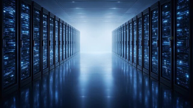 Long corridor of data center servers with bright perspective light in banner format, digital infrastructure concept, cloud computing environment, high performance storage.