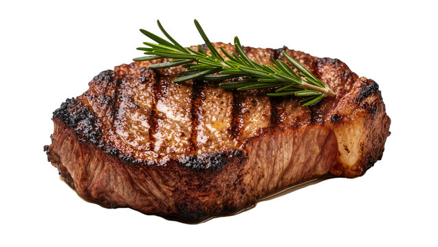 Juicy grilled beef steak with rosemary sprig, isolated on transparent background