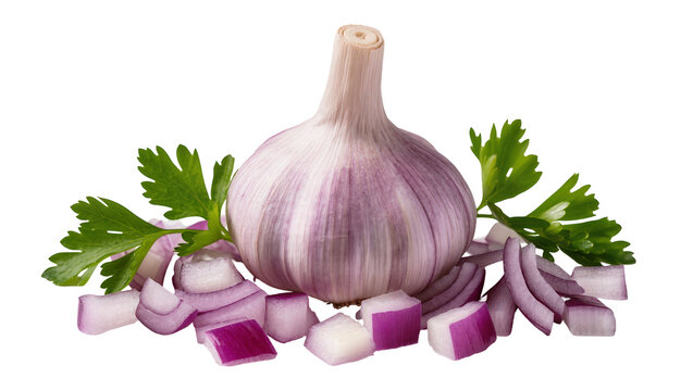 Whole garlic bulb with chopped red onion and parsley, isolated on transparent background