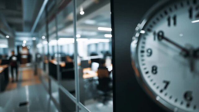 Close up of wall clock in modern office interior representing time management, punctuality and business productivity