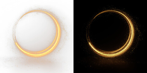 Golden luminous light ring swirl glitter sparkle circle magic effect on black background PNG © ALEXA